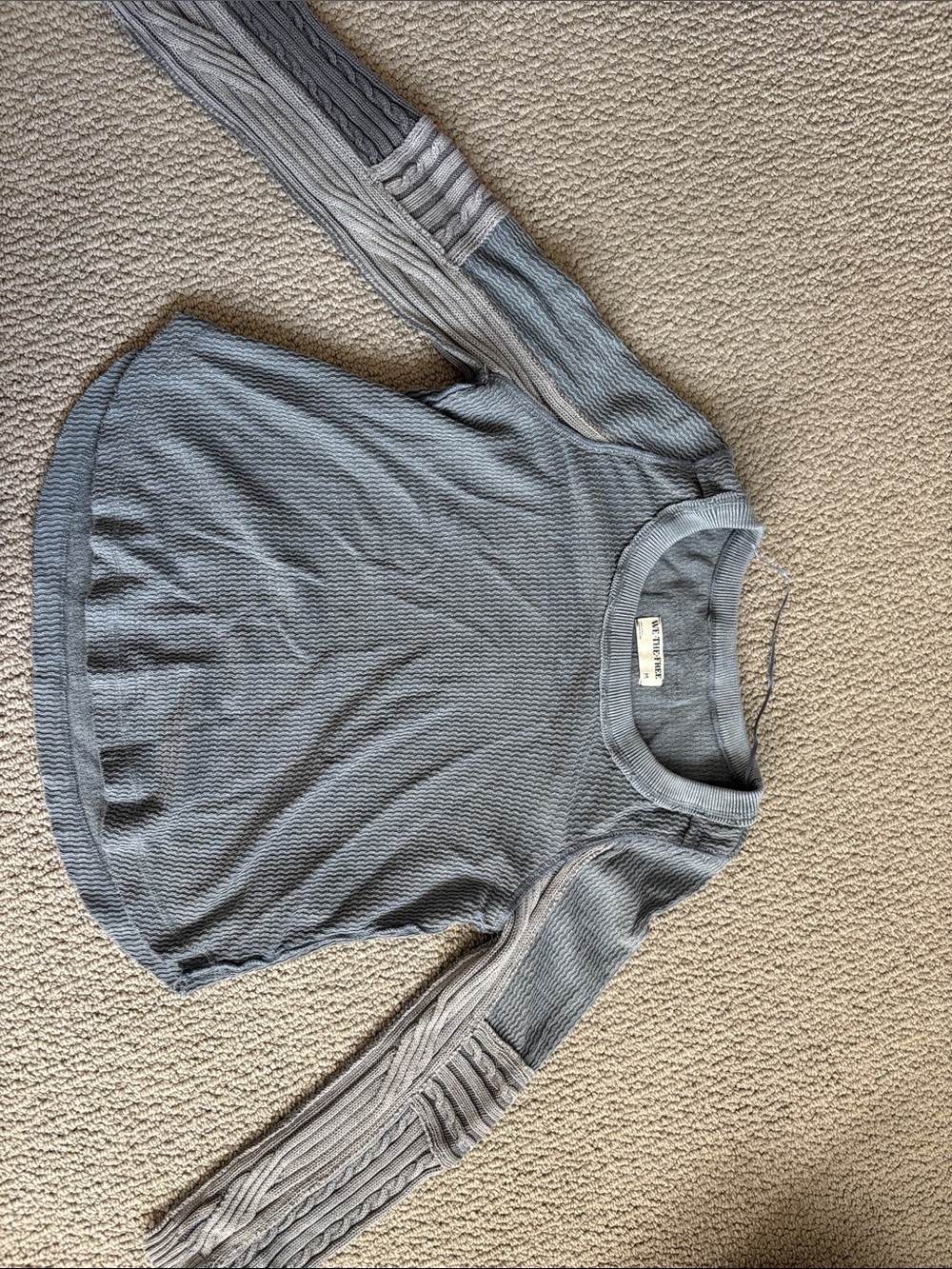 We The Free Light Blue Crewneck Sweater with Cable-Textured Sleeves